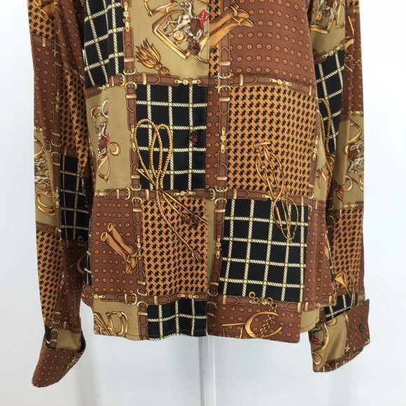 British Khaki Shirt Womens 10 Tan Brown Patchwork‎ Print Button Up Equestrian - Picture 3 of 13